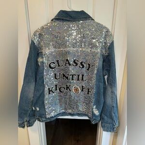 Judith March Sequin Football Jean Jacket size large